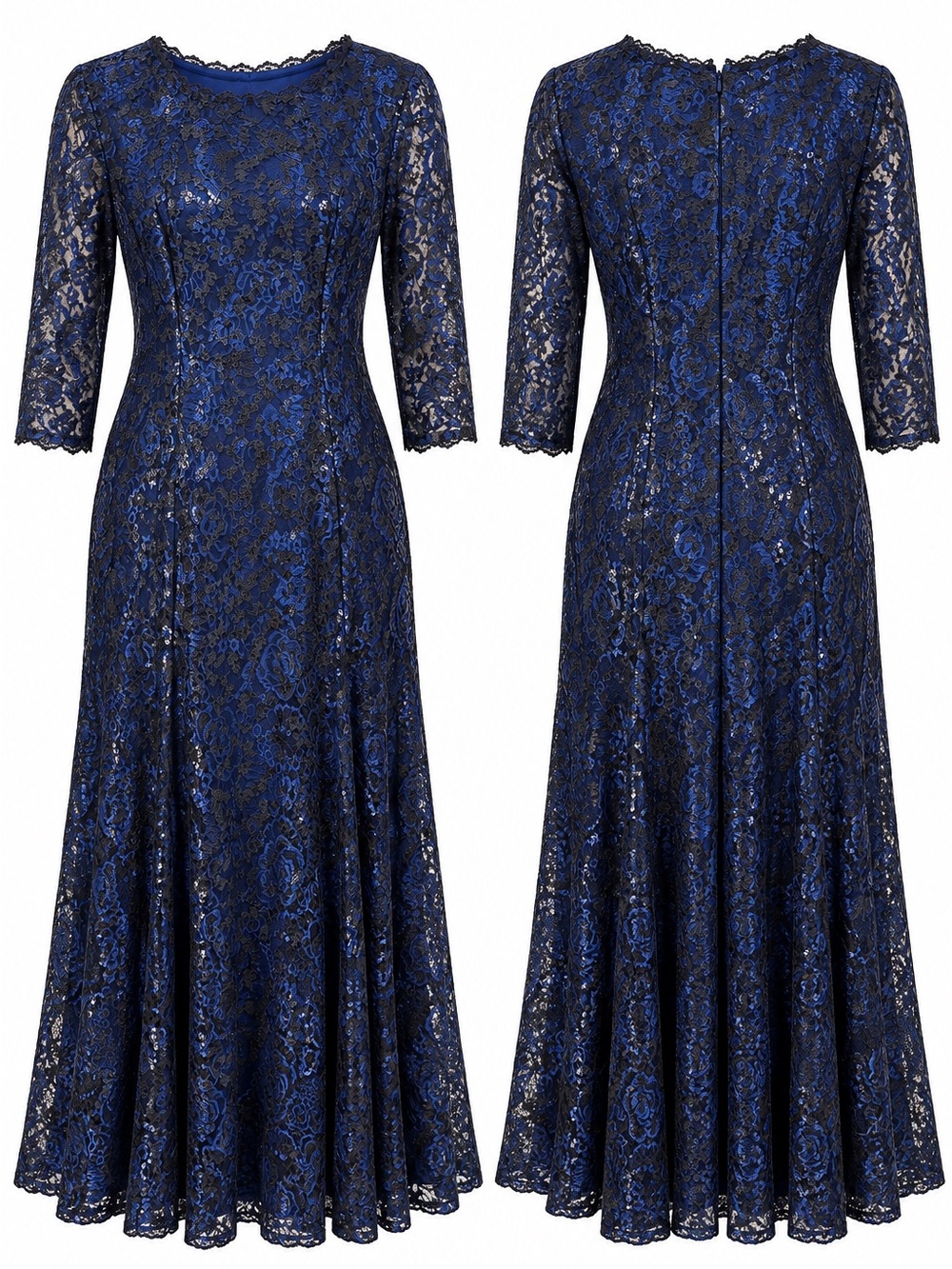 Elegant Navy Lace Midi Dress with Three-Quarter Sleeves